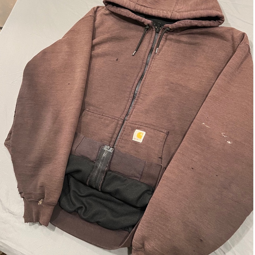 Carhartt J149 BLK Thermal Lined Zip Up Hoodie Distressed Faded Brown Mens Large